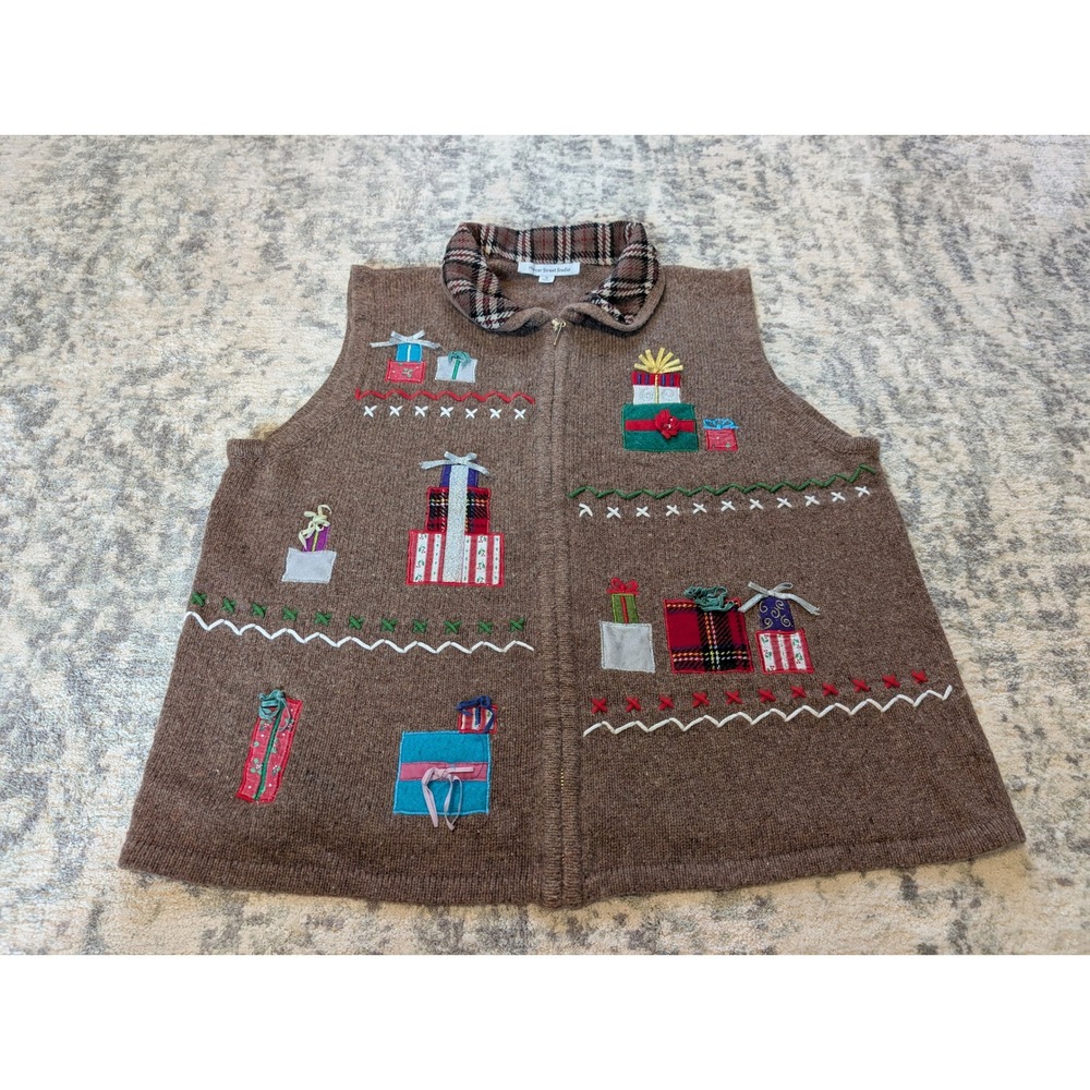 Mercer Street Studio Brown Christmas Sweater Vest Gifts Embroidered Women's XL